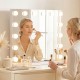 Vanity mirror with 14 dimmable LED bulbs, adjustable brightness, and three light colors, perfect for makeup application.