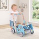 Wooden baby walker in blue with adjustable speed, storage, and truck shape, promoting walking and creativity for kids.