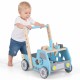 Wooden baby walker in blue with adjustable speed, tool bench features, and bottom storage for organized play.