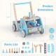 Blue 2-in-1 wooden baby walker with adjustable speed, tool bench features, and bottom storage for organized play.