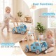 Truck-shaped 2-in-1 wooden baby walker in blue, featuring adjustable speed and bottom storage for toys, promoting.