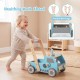 Wooden baby walker in blue with adjustable speed, bottom storage, and truck shape, promoting safe walking for kids.