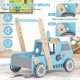 Blue 2-in-1 wooden baby walker with adjustable speed, rubber padded wheels, and bottom storage for organized toys.