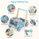 Truck-shaped 2-in-1 wooden baby walker in blue with adjustable speed, storage, and various engaging activities for kids.