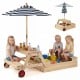 Wooden 2-in-1 sandbox with foldable umbrella and picnic table, ideal for outdoor play and snacks for kids aged 3-5.