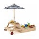 Wooden 2-in-1 sandbox with foldable umbrella and picnic table, perfect for outdoor play and snacks for kids aged 3-5.