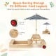 2-in-1 wooden sandbox with foldable umbrella and picnic table, featuring smooth wheels for easy storage and mobility.