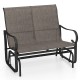 Side view of the 2-person outdoor glider bench with brown fabric and curved armrests, designed for patio comfort and.