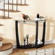 Half-moon tempered glass console table with black rubber-wood legs and open shelf for stylish storage.