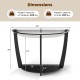2-tier black console table with tempered glass top and open shelf, featuring a half-moon design for stylish storage.