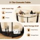 Half-moon top 2-tier console table in black with tempered glass, open shelf for decorations and storage boxes.