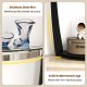 Tempered glass console table with a half-moon top, stainless steel rim, and solid rubberwood legs for stability.