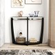 Half-moon black console table with tempered glass top and open shelf, ideal for decor and storage in any space.
