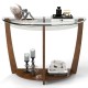 Half-moon tempered glass console table with walnut finish, featuring an open shelf for decor and sturdy rubber-wood.