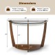 Half-moon tempered glass console table with walnut legs, featuring a 2-tier design for ample storage space.