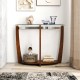 2-tier console table with tempered glass top and walnut finish, featuring an open shelf for decor and storage.