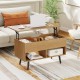 Lift-top coffee table in natural finish with hidden storage and two open shelves, perfect for versatile room use.