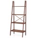 Bamboo ladder shelf with four tiers, ideal for laundry supplies and decorative items, featuring a space-saving design.
