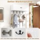 Wall-mounted coat rack in white with upper storage cabinet and five metal hooks, ideal for entryways and easy to clean.