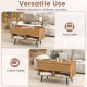 Lift-top coffee table in natural finish with hidden storage and open shelves, perfect for versatile use as a work desk.