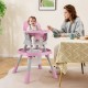 Baby high chair in pink with adjustable height, activity center, and 5-point harness for safe feeding and playtime.