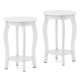Set of 2 white 15-inch round end tables with storage shelf, featuring rubber wood legs for stability and rustic charm.