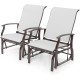 Set of 2 outdoor glider chairs with ergonomic backrest, beige fabric, and sturdy metal frame for patio relaxation.