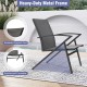 Grey patio chair with heavy-duty metal frame, contoured backrest, and curved armrests for outdoor comfort.