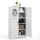 White floor cabinet with adjustable shelves, ideal for storing towels and toiletries in a modern bathroom.