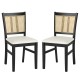 Set of 2 Farmhouse Rattan Dining Chairs with rubber wood legs and cane backs, featuring beige padded seats for comfort.