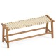 Teak wood patio bench with weave seat, 47 inches long, suitable for outdoor use, ideal for yards and patios.