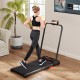 Folding treadmill in use with LED display, showcasing walking mode and modern design for home fitness.