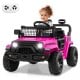Bright pink 12V kids ride-on truck with remote control, LED headlights, and a safe seat belt for fun outdoor adventures.