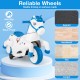 Unicorn ride-on toy with training wheels, designed for stability on various surfaces like asphalt, tile, and carpet.