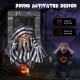 Animated 18-inch hanging skull prisoner decoration with sound activation, LED eyes, and creepy movements for Halloween.