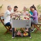 Portable gray patio cooler with bottom storage shelf, 80-quart capacity, and bottle opener, ideal for outdoor.
