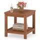2-tier outdoor side table made of solid wood with a slatted top and storage shelf, perfect for patio or garden use.