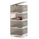 Four-cube stackable storage bin with detachable wheels, featuring a top and front opening for easy access and mobility.