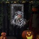 Hanging 18-inch animated prisoner skull decoration with LED eyes and sound effects for immersive Halloween displays.