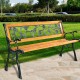 Garden bench with iron-cast frame and solid wood seat, weatherproof for outdoor use, comfortably seats three adults.