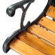 Close-up of the patio garden bench showcasing the solid wood slats and iron-cast frame, ideal for outdoor relaxation.