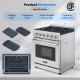 Detailed specifications of the 30-inch natural gas range, highlighting the 4.55 cu.ft. oven and 15A or 20A circuit.