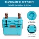Portable insulated ice cooler in blue with 24-can capacity, 2 cup holders, and non-slip feet for outdoor activities.