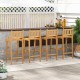 Teak wood bar chairs with backrest and footrest, ideal for deck or poolside, featuring a slatted design for comfort.
