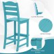 Turquoise 30-inch HDPE bar stool with curved backrest and slatted design, perfect for outdoor bar tables.