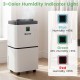 30 pints dehumidifier with digital display, humidity indicator light, and 4 wheels for easy mobility in large rooms.