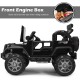 Side view of the 12V black 2-seater ride-on car with front engine storage for kids' toys and remote control features.