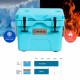 Portable blue insulated ice cooler with 24-can capacity, featuring premium insulation and two cup holders for outdoor.