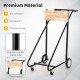 Heavy-duty outboard boat motor stand with thick plywood and metal parts, designed for easy storage and mobility.