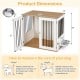 Wooden dog crate furniture with dual lock doors, stainless steel bowls, and spacious tabletop for pet supplies.